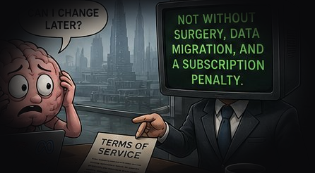 A cartoon brain at a support desk asks whether it can switch ecosystems later; the help monitor answers: not without surgery, data migration, and a subscription penalty.