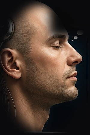 An implant recipient in profile — the NeuroLink™ device fused behind the ear, cabling traced down the neck.