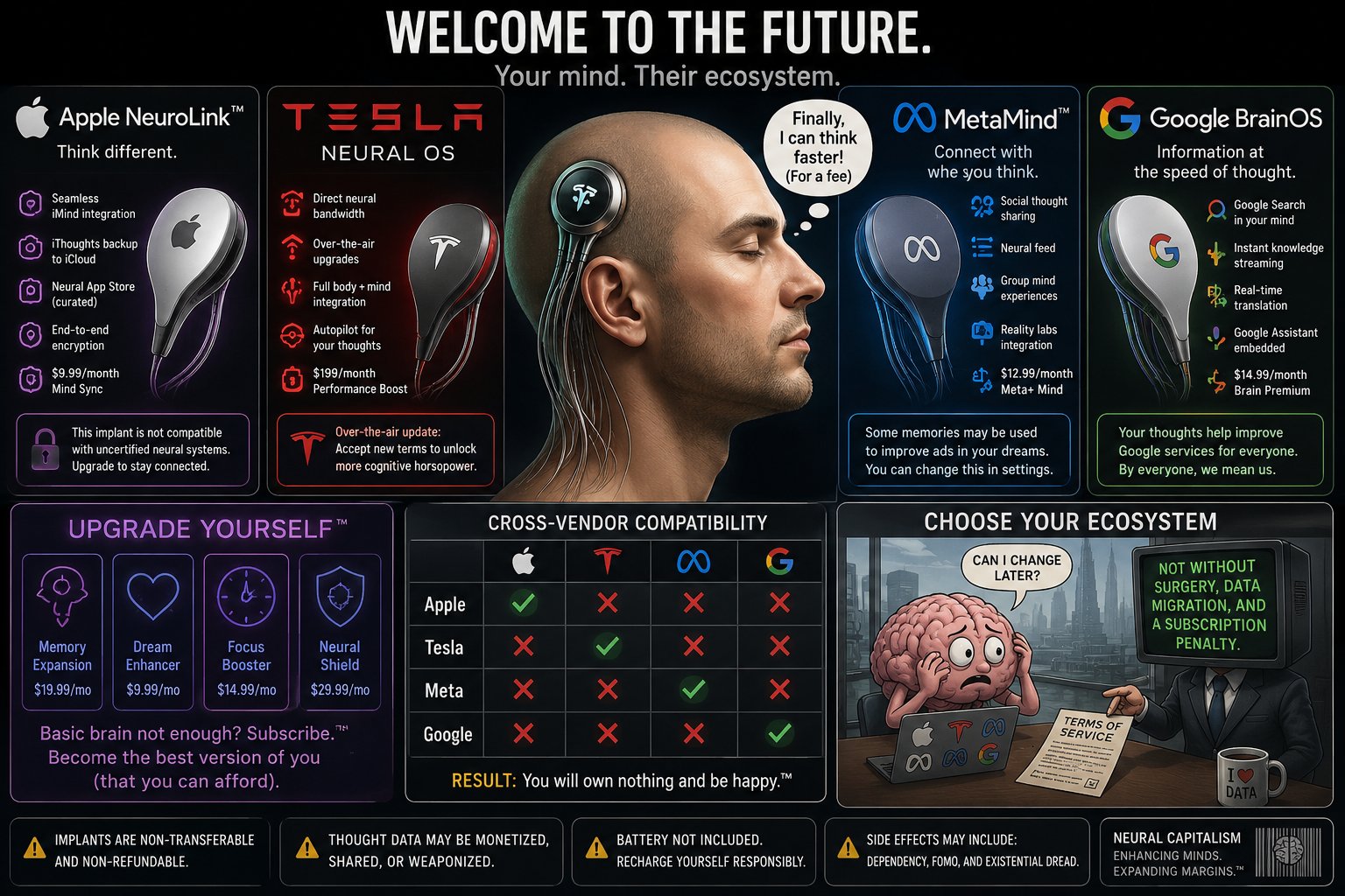 Neural Capitalism™ — the complete consumer-facing schematic: four neural ecosystems with pricing and disclaimers, a central implant recipient, the cross-vendor compatibility matrix, and upgrade tiers.